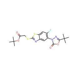 CC(C)(C)OC(=O)CSc1nc2cc(-n3nc(C(C)(C)C)oc3=O)c(F)cc2s1 ZINC000103206429