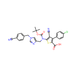 CC(C)(C)OC(=O)N(Cc1cn(Cc2ccc(C#N)cc2)cn1)c1sc(C(=O)O)c(-c2ccc(Cl)cc2)c1C#N ZINC000653788941