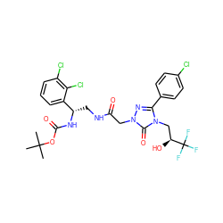 CC(C)(C)OC(=O)N[C@@H](CNC(=O)Cn1nc(-c2ccc(Cl)cc2)n(C[C@H](O)C(F)(F)F)c1=O)c1cccc(Cl)c1Cl ZINC000200378539