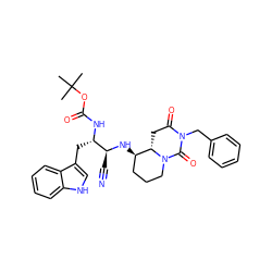 CC(C)(C)OC(=O)N[C@@H](Cc1c[nH]c2ccccc12)[C@H](C#N)N[C@@H]1CCCN2C(=O)N(Cc3ccccc3)C(=O)C[C@@H]12 ZINC000095607528