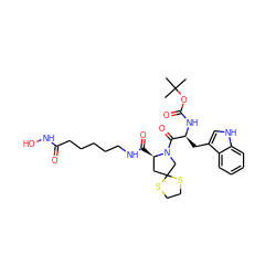 CC(C)(C)OC(=O)N[C@@H](Cc1c[nH]c2ccccc12)C(=O)N1CC2(C[C@H]1C(=O)NCCCCCC(=O)NO)SCCS2 ZINC000072128479