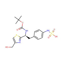 CC(C)(C)OC(=O)N[C@@H](Cc1ccc(NS(=O)(=O)O)cc1)c1nc(CO)cs1 ZINC000114390440