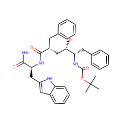 CC(C)(C)OC(=O)N[C@@H](Cc1ccccc1)[C@@H](O)C[C@@H](Cc1ccccc1)C(=O)N[C@@H](Cc1cc2ccccc2[nH]1)C(N)=O ZINC000014943390