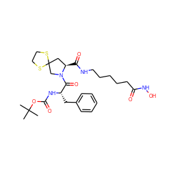 CC(C)(C)OC(=O)N[C@@H](Cc1ccccc1)C(=O)N1CC2(C[C@H]1C(=O)NCCCCCC(=O)NO)SCCS2 ZINC000072127600