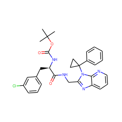 CC(C)(C)OC(=O)N[C@H](Cc1cccc(Cl)c1)C(=O)NCc1nc2cccnc2n1C1(c2ccccc2)CC1 ZINC000029039531