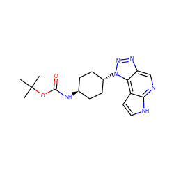 CC(C)(C)OC(=O)N[C@H]1CC[C@H](n2nnc3cnc4[nH]ccc4c32)CC1 ZINC000261171660