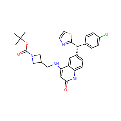 CC(C)(C)OC(=O)N1CC(CNc2cc(=O)[nH]c3ccc([C@@H](c4ccc(Cl)cc4)c4nccs4)cc23)C1 ZINC001772646807