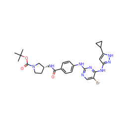 CC(C)(C)OC(=O)N1CC[C@@H](NC(=O)c2ccc(Nc3ncc(Br)c(Nc4cc(C5CC5)[nH]n4)n3)cc2)C1 ZINC000203004340