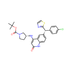 CC(C)(C)OC(=O)N1CC[C@@H](Nc2cc(=O)[nH]c3ccc([C@@H](c4ccc(Cl)cc4)c4nccs4)cc23)C1 ZINC001772628602