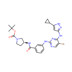 CC(C)(C)OC(=O)N1CC[C@H](NC(=O)c2cccc(Nc3ncc(Br)c(Nc4cc(C5CC5)[nH]n4)n3)c2)C1 ZINC000203004063