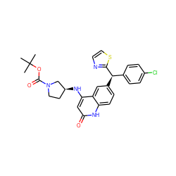 CC(C)(C)OC(=O)N1CC[C@H](Nc2cc(=O)[nH]c3ccc([C@H](c4ccc(Cl)cc4)c4nccs4)cc23)C1 ZINC001772629184