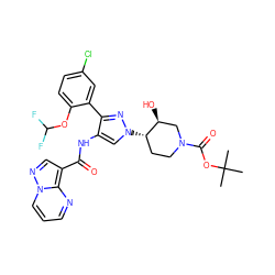 CC(C)(C)OC(=O)N1CC[C@H](n2cc(NC(=O)c3cnn4cccnc34)c(-c3cc(Cl)ccc3OC(F)F)n2)[C@@H](O)C1 ZINC001772601932