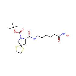 CC(C)(C)OC(=O)N1CC2(C[C@H]1C(=O)NCCCCCC(=O)NO)SCCS2 ZINC000072124756