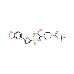 CC(C)(C)OC(=O)N1CCC([C@@H](NS(=O)(=O)c2ccc(-c3ccc4c(c3)OCO4)o2)C(=O)O)CC1 ZINC000040891536