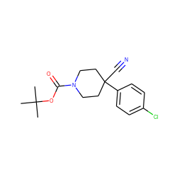 CC(C)(C)OC(=O)N1CCC(C#N)(c2ccc(Cl)cc2)CC1 ZINC000079031176