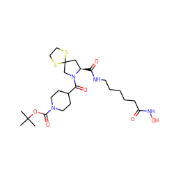 CC(C)(C)OC(=O)N1CCC(C(=O)N2CC3(C[C@H]2C(=O)NCCCCCC(=O)NO)SCCS3)CC1 ZINC000072123559