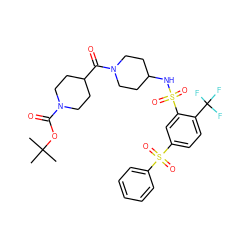 CC(C)(C)OC(=O)N1CCC(C(=O)N2CCC(NS(=O)(=O)c3cc(S(=O)(=O)c4ccccc4)ccc3C(F)(F)F)CC2)CC1 ZINC000049746296