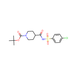 CC(C)(C)OC(=O)N1CCC(C(=O)NS(=O)(=O)c2ccc(Cl)cc2)CC1 ZINC000028133524