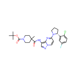 CC(C)(C)OC(=O)N1CCC(C)(C(=O)Nc2cnn3ccc(N4CCC[C@@H]4c4cc(F)ccc4Cl)nc23)CC1 ZINC000118401105