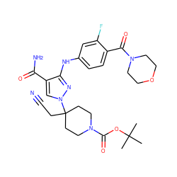 CC(C)(C)OC(=O)N1CCC(CC#N)(n2cc(C(N)=O)c(Nc3ccc(C(=O)N4CCOCC4)c(F)c3)n2)CC1 ZINC000220992835