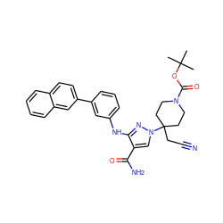 CC(C)(C)OC(=O)N1CCC(CC#N)(n2cc(C(N)=O)c(Nc3cccc(-c4ccc5ccccc5c4)c3)n2)CC1 ZINC000219254885