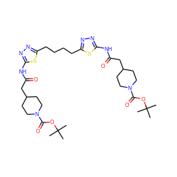 CC(C)(C)OC(=O)N1CCC(CC(=O)Nc2nnc(CCCCc3nnc(NC(=O)CC4CCN(C(=O)OC(C)(C)C)CC4)s3)s2)CC1 ZINC000169697852