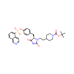 CC(C)(C)OC(=O)N1CCC(CCN2C(=O)NC(=O)[C@H]2Cc2ccc(OS(=O)(=O)c3cccc4cnccc34)cc2)CC1 ZINC000205343989