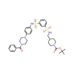 CC(C)(C)OC(=O)N1CCC(CNS(=O)(=O)c2cccc(S(=O)(=O)Nc3ccc(N4CCN(C(=O)c5ccccc5)CC4)cc3)c2)CC1 ZINC000169703436