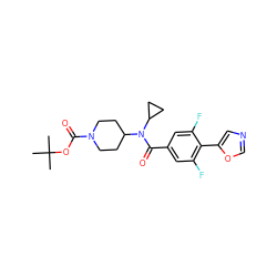 CC(C)(C)OC(=O)N1CCC(N(C(=O)c2cc(F)c(-c3cnco3)c(F)c2)C2CC2)CC1 ZINC000223652056