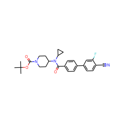 CC(C)(C)OC(=O)N1CCC(N(C(=O)c2ccc(-c3ccc(C#N)c(F)c3)cc2)C2CC2)CC1 ZINC000223658739