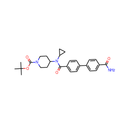 CC(C)(C)OC(=O)N1CCC(N(C(=O)c2ccc(-c3ccc(C(N)=O)cc3)cc2)C2CC2)CC1 ZINC000223658564