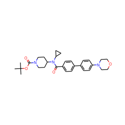 CC(C)(C)OC(=O)N1CCC(N(C(=O)c2ccc(-c3ccc(N4CCOCC4)cc3)cc2)C2CC2)CC1 ZINC000223642713