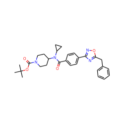 CC(C)(C)OC(=O)N1CCC(N(C(=O)c2ccc(-c3noc(Cc4ccccc4)n3)cc2)C2CC2)CC1 ZINC000223643242