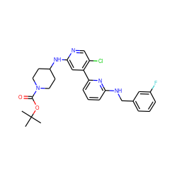 CC(C)(C)OC(=O)N1CCC(Nc2cc(-c3cccc(NCc4cccc(F)c4)n3)c(Cl)cn2)CC1 ZINC000115456350