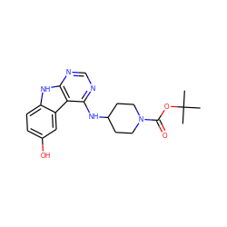 CC(C)(C)OC(=O)N1CCC(Nc2ncnc3[nH]c4ccc(O)cc4c23)CC1 ZINC000653632775