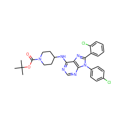 CC(C)(C)OC(=O)N1CCC(Nc2ncnc3c2nc(-c2ccccc2Cl)n3-c2ccc(Cl)cc2)CC1 ZINC000095580264