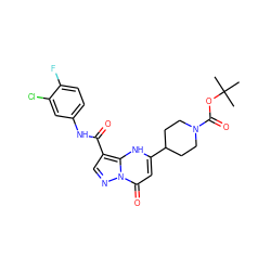 CC(C)(C)OC(=O)N1CCC(c2cc(=O)n3ncc(C(=O)Nc4ccc(F)c(Cl)c4)c3[nH]2)CC1 ZINC000100290317