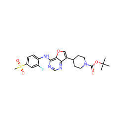 CC(C)(C)OC(=O)N1CCC(c2coc3c(Nc4ccc(S(C)(=O)=O)cc4F)ncnc23)CC1 ZINC000148508912