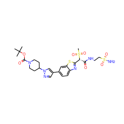 CC(C)(C)OC(=O)N1CCC(n2cc(-c3ccc4nc([C@@H](C(=O)NCCS(N)(=O)=O)S(C)(=O)=O)sc4c3)cn2)CC1 ZINC000144053864