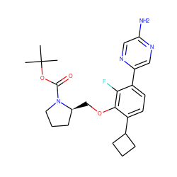 CC(C)(C)OC(=O)N1CCC[C@@H]1COc1c(C2CCC2)ccc(-c2cnc(N)cn2)c1F ZINC000224572262