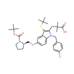 CC(C)(C)OC(=O)N1CCC[C@@H]1COc1ccc2c(c1)c(SC(C)(C)C)c(CC(C)(C)C(=O)O)n2Cc1ccc(Cl)cc1 ZINC000049771787