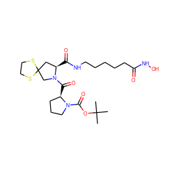 CC(C)(C)OC(=O)N1CCC[C@H]1C(=O)N1CC2(C[C@H]1C(=O)NCCCCCC(=O)NO)SCCS2 ZINC000072125153