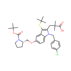 CC(C)(C)OC(=O)N1CCC[C@H]1COc1ccc2c(c1)c(SC(C)(C)C)c(CC(C)(C)C(=O)O)n2Cc1ccc(Cl)cc1 ZINC000049771818
