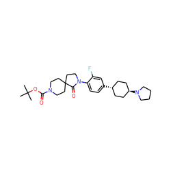 CC(C)(C)OC(=O)N1CCC2(CC1)CCN(c1ccc([C@H]3CC[C@H](N4CCCC4)CC3)cc1F)C2=O ZINC001772618134