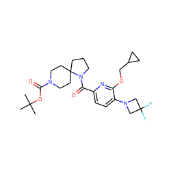 CC(C)(C)OC(=O)N1CCC2(CCCN2C(=O)c2ccc(N3CC(F)(F)C3)c(OCC3CC3)n2)CC1 ZINC000146410664