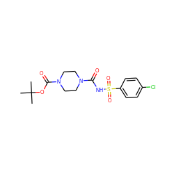 CC(C)(C)OC(=O)N1CCN(C(=O)NS(=O)(=O)c2ccc(Cl)cc2)CC1 ZINC000028133518