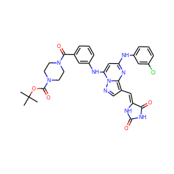 CC(C)(C)OC(=O)N1CCN(C(=O)c2cccc(Nc3cc(Nc4cccc(Cl)c4)nc4c(/C=C5\NC(=O)NC5=O)cnn34)c2)CC1 ZINC000164688579