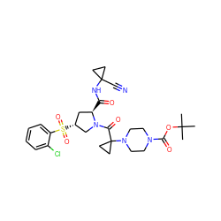 CC(C)(C)OC(=O)N1CCN(C2(C(=O)N3C[C@H](S(=O)(=O)c4ccccc4Cl)C[C@H]3C(=O)NC3(C#N)CC3)CC2)CC1 ZINC000169705338