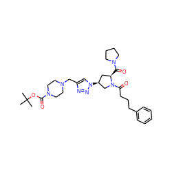 CC(C)(C)OC(=O)N1CCN(Cc2cn([C@H]3C[C@@H](C(=O)N4CCCC4)N(C(=O)CCCc4ccccc4)C3)nn2)CC1 ZINC000095575845