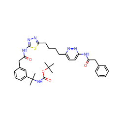 CC(C)(C)OC(=O)NC(C)(C)c1cccc(CC(=O)Nc2nnc(CCCCc3ccc(NC(=O)Cc4ccccc4)nn3)s2)c1 ZINC000169698658